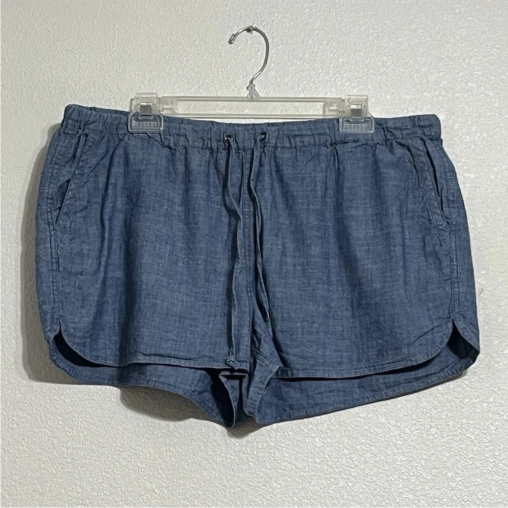 J Crew Pull On Elastic Waist Drawstring Chambray Cotton Shorts Blue Size Large